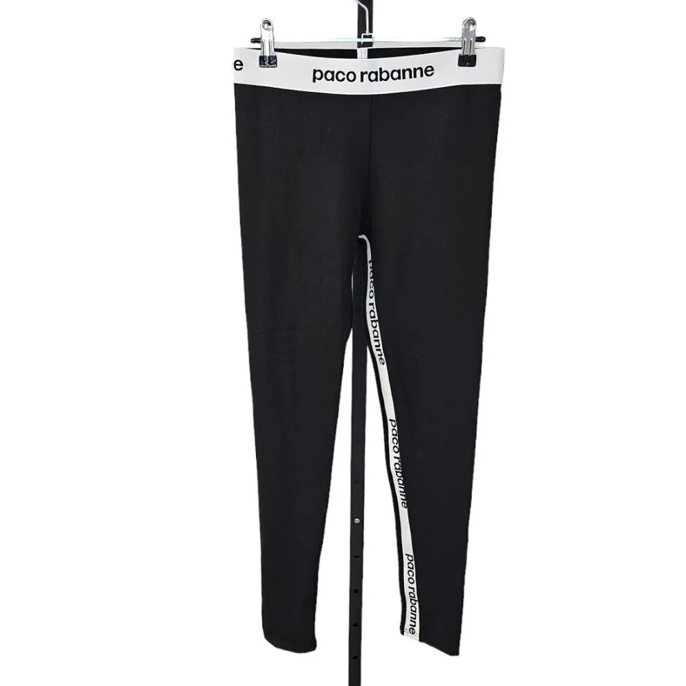 Paco Rabanne Womens Logo Tape Leggings Black Size Large